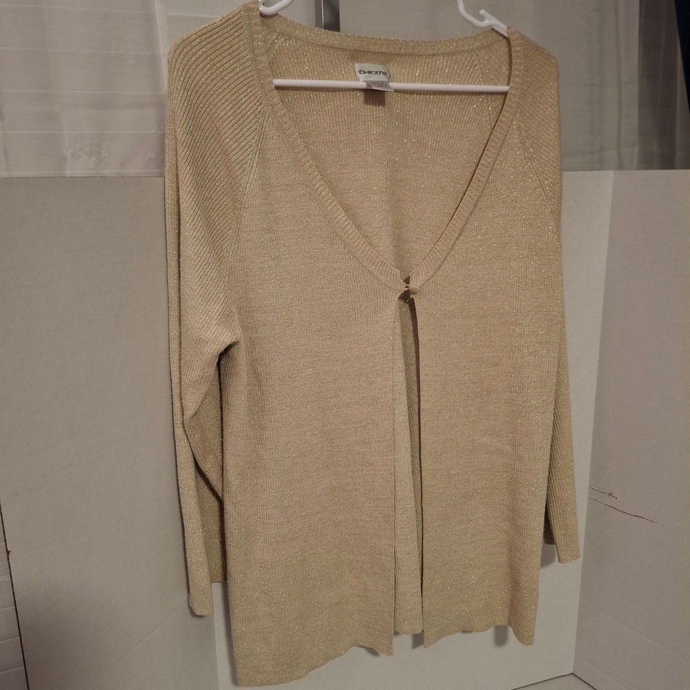 Chicos Gold Metallic Shimmer Ribbed Cardigan Sweater Size 2 Large V-Neck Sparkle